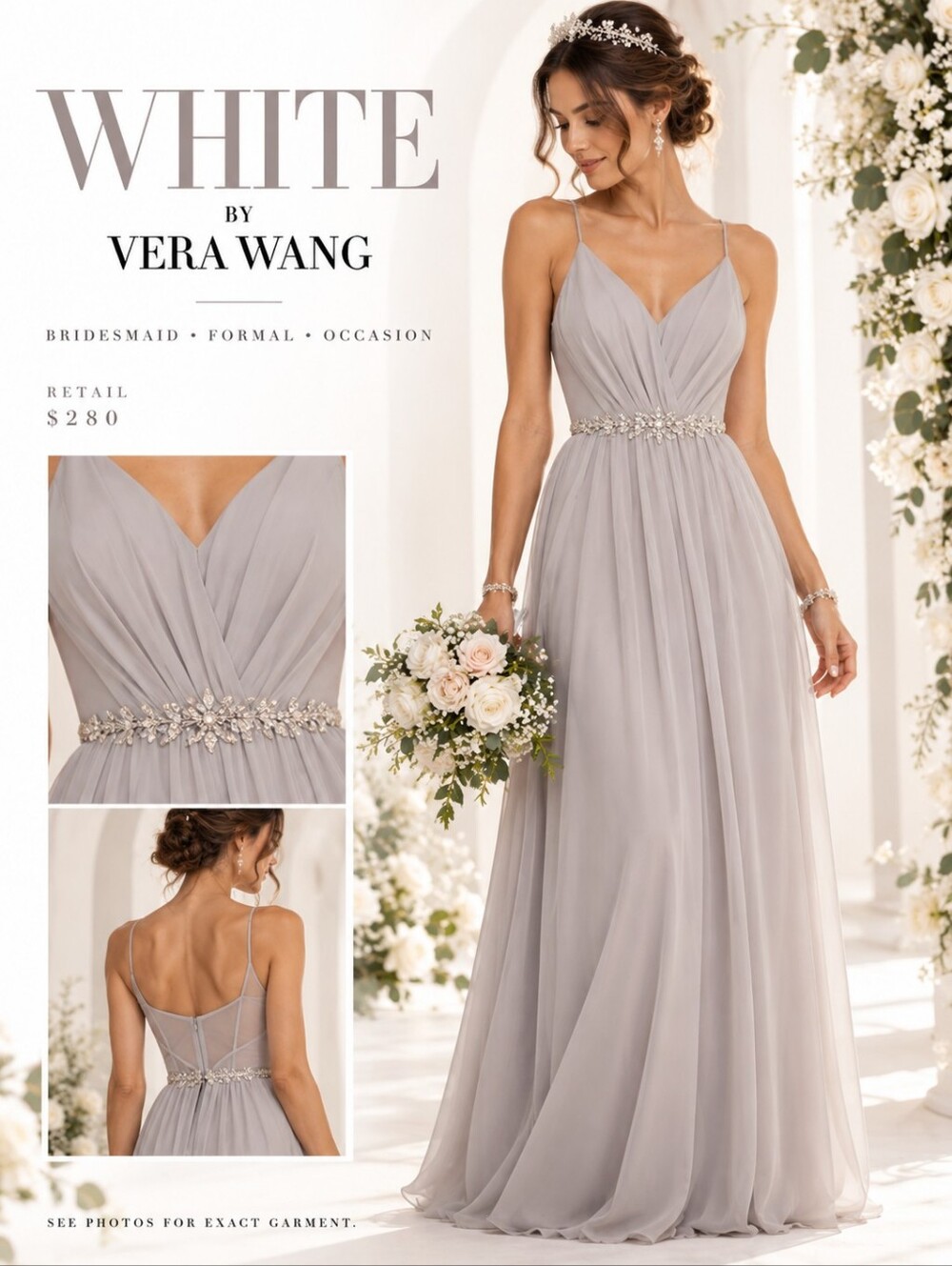 WHITE Vera Wang Romantic Silver Grey Chiffon maxi gown Formal 6 Bridal Prom 💎